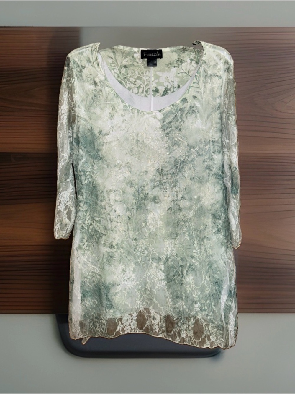 Frazzle Women’s Green Lace-Overlay Tunic with Scoop Neck-XL-EC